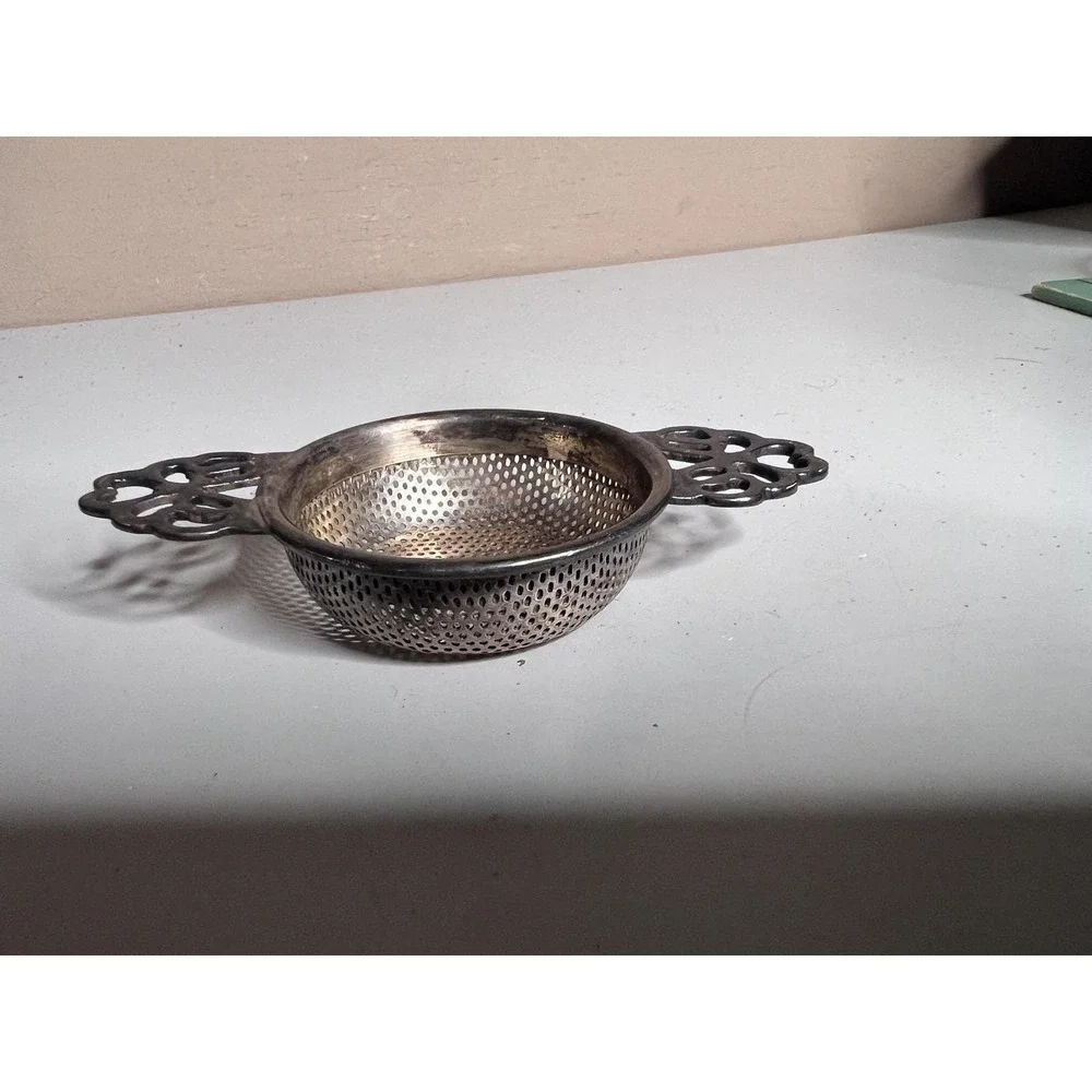 Silver Plated Tea Strainer Double Handle Perforated Bowl Tea Leaf Kitchen Gadget